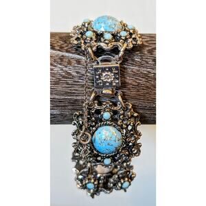 VTG Made in England Blue Stone or Glass Bead Filigree Safety Chain 7" Bracelet